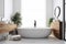 wood 3d architecture bathroom bathtub house modern luxury white home interior. Generative AI.