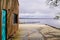 Wood access empty pontoon sand beach on Lake Hourtin in Gironde france