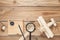 Wood airplane, compass, Magnifying glass,pocket watch,ruler and