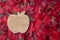 Wood apple shaped flat decoration on a dark wood background covered in red maple leaves, fall background