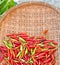 Wood basket of red and green, freshly picked jalapeno peppers