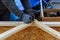 wood battens of modern building Closeup of a carpenter& x27;s hands