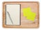 Wood with blank notebook open design with notice paper and