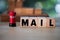 Wood block MAIL and miniature red toy post box