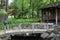 A wood bridge crossing a stream leading to a small pavilion in a Japanese Garden filled with ferns and trees