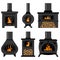 Wood burning stove with fire flame and log. Vector icon set