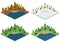 Wood cabins, holiday resort with lake, fireplace. Vector, isometric design.