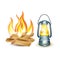 Wood camp fire and oil lamp isolated