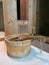 The wood cask barrel for water inâ€‹ sauna