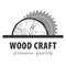 Wood craft logo in gray. Woodworks professional service.  Cross section of the tree and circular saw.