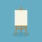 Wood easel or painting art board with white canvas on blue background. Easel with paper sheets. Artwork blank poster