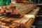 Wood factory stockpile and lumber boards.