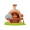 Wood-fired outdoor oven on green lawn. Farm stone furnace with burning firewood, wooden paddle. Cartoon vector design