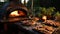 Wood Fired Pizza Oven with fresh pizzas resting surrounded by fresh herbs