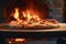 Wood fired pizza served on wooden board and table. Pizza pulled out of the oven after roasting over a fire. Generative AI