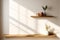 Wood Floating Shelf Adorning a Clean White Wall in a Modern Living Room Interior Design. created with Generative AI