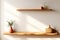 Wood Floating Shelf Adorning a Clean White Wall in a Modern Living Room Interior Design. created with Generative AI