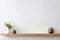 Wood floating shelf with plants and vases on white wall. Interior design of modern living room. Generative AI