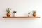 Wood floating shelf on white wall. Storage organization for home. Interior design of modern living room