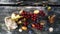 Wood fruits on a bench