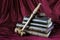 Wood gavel and stack of old books