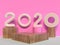 Wood geometric shape 2020 type/text number pink wall scene 3d rendering