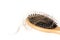 Wood hairbrush on white background. Close-up with long brown hair