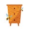 Wood Hive For Bees with bees around it. Illustration of a cartoon wooden beehive, for beekeeping agriculture
