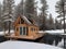 Wood house by lakeside in the winter forest hyper realistic photo, created with generative AI technology