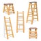 Wood household steps. wooden ladder vector set