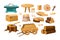 Wood industry material tools and products, tree trunks, bark, wood kitchen utensils, branches, planks, wooden furniture, chest,