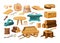 Wood industry material tools and products, tree trunks, bark, wood kitchen utensils, branches, planks, wooden furniture, chest,