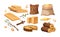 Wood industry products, tree trunks, bark, wood kitchen utensils, branches, planks, wooden furniture, chest, shavings.
