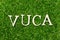 Wood letter in word abbreviation of Volatility, uncertainty, complexity and ambiguity on artificial green grass background