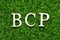 Wood letter in word BCP abbreviation business continuity plan on green grass background