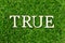 Wood letter in word true on grass background