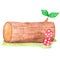 Wood log with red mushroom on grass lawn watercolor illustration for nature.