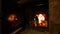 Wood logs fire burn in fireplace, romantic atmosphere
