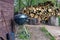 Wood and logs in the yard with tools and a wooden wall