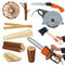 Wood materials. Wooden production and cut woodworking equipment cutting tools forestry pile vector isolated pictures