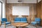 Wood office waiting room blue sofas poster