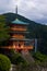 wood pagoda in front of nachi falls