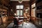 wood-paneled study, with leather chair and antique desk, bookshelves filled with books