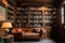 wood-paneled wall with built-in bookshelves and antique hardback books