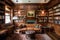 wood-paneled wall with built-in bookshelves and antique hardback books