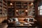 wood-paneled wall with built-in bookshelves and antique hardback books