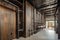 wood-paneled walls in industrial setting with exposed pipes and metal accents