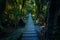 Wood path through fern forest  in matheson lake new zealand