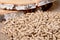 Wood pellets close up .Wooden pellet bio fuel. Biomass Pellets - cheap energy. The cat litter