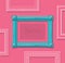 Wood picture frame flat vector. Stylish blue photo frame on pink wall. Painting frame set. Template.